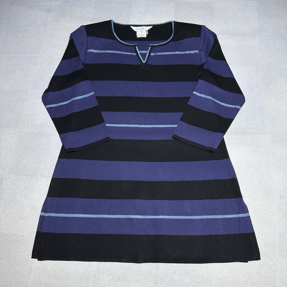 Misook Striped Knit Tunic Top‎ Womens XS Black Purple Split Neck 3/4 Sleeve